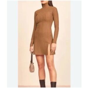 REFORMATION Libra Ribbed Knit Mini Dress (M/Tan)